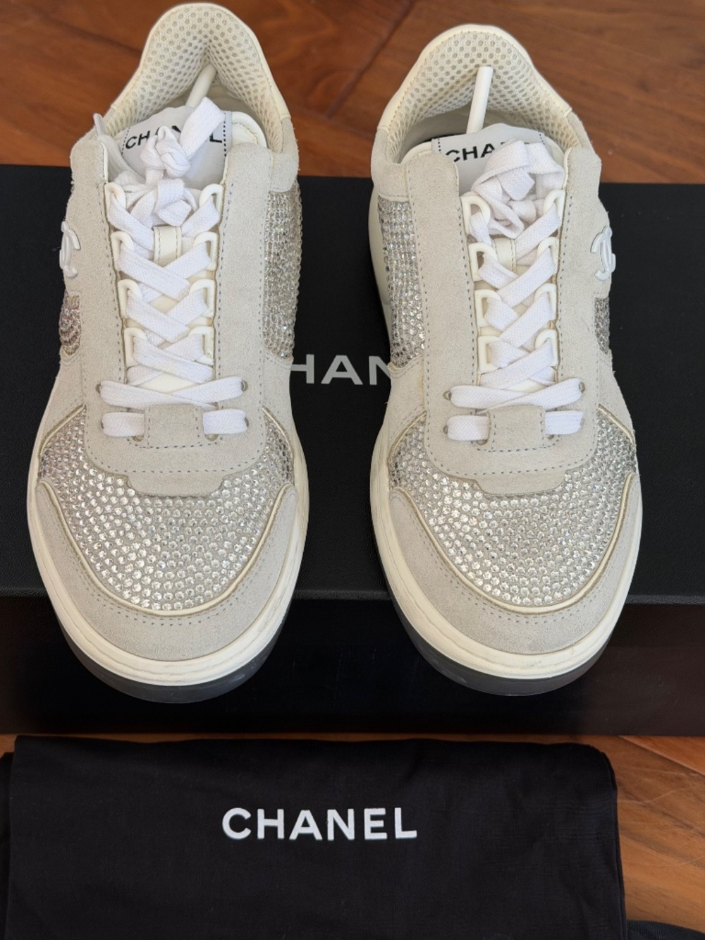 CHANEL 23C  SILVER GREY CRYSTALS CC LOGO SUEDE SNEAKERS in 36.5.